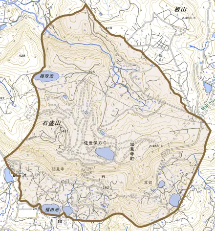 知見寺町とその周辺の地図。町の範囲を重ねている