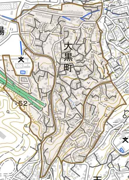 大黒町とその周辺の地図。町の範囲を重ねている