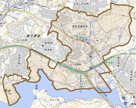 大塔町とその周辺の地図。町の範囲を重ねている