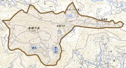烏帽子町とその周辺の地図。町の範囲を重ねている