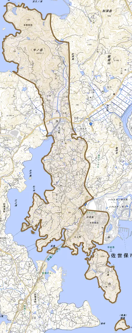 江上町とその周辺の地図。町の範囲を重ねている