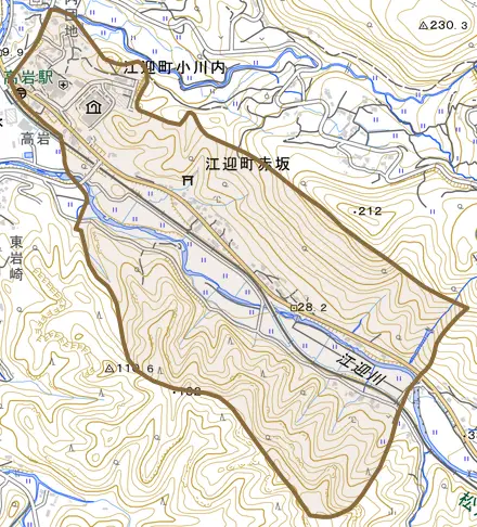 江迎町赤坂とその周辺の地図。町の範囲を重ねている