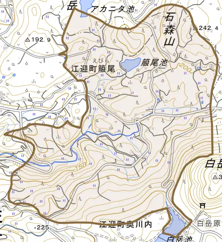 江迎町箙尾とその周辺の地図。町の範囲を重ねている