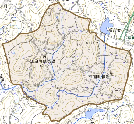 江迎町飯良坂とその周辺の地図。町の範囲を重ねている