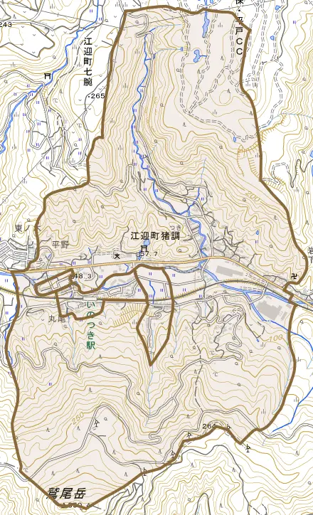 江迎町猪調とその周辺の地図。町の範囲を重ねている