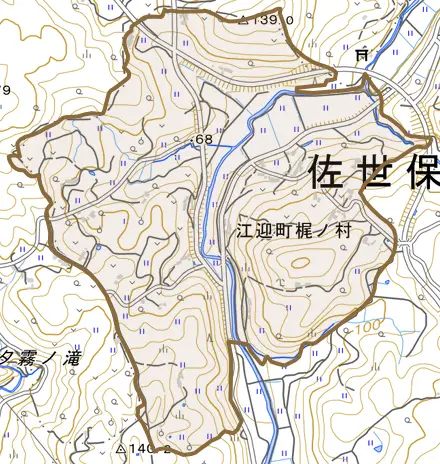 江迎町梶ノ村とその周辺の地図。町の範囲を重ねている