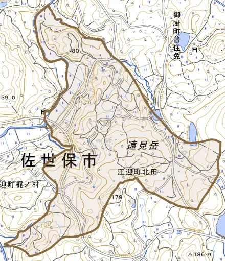 江迎町北田とその周辺の地図。町の範囲を重ねている