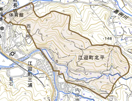 江迎町北平とその周辺の地図。町の範囲を重ねている
