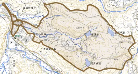 江迎町小川内とその周辺の地図。町の範囲を重ねている