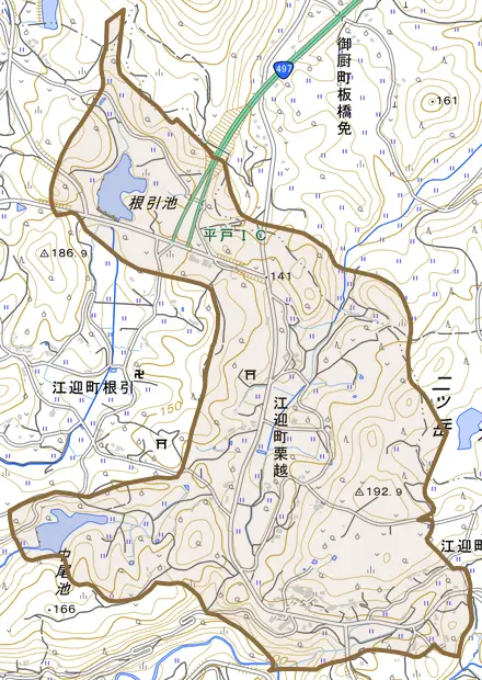 江迎町栗越とその周辺の地図。町の範囲を重ねている