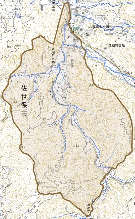 江迎町乱橋とその周辺の地図。町の範囲を重ねている
