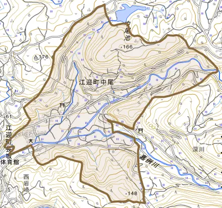 江迎町中尾とその周辺の地図。町の範囲を重ねている