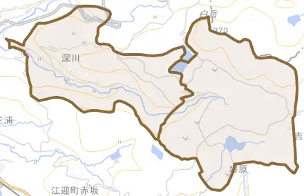 江迎町奥川内とその周辺の地図。町の範囲を重ねている