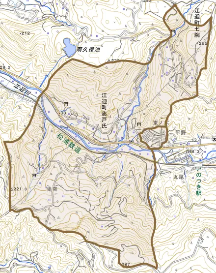 江迎町志戸氏とその周辺の地図。町の範囲を重ねている