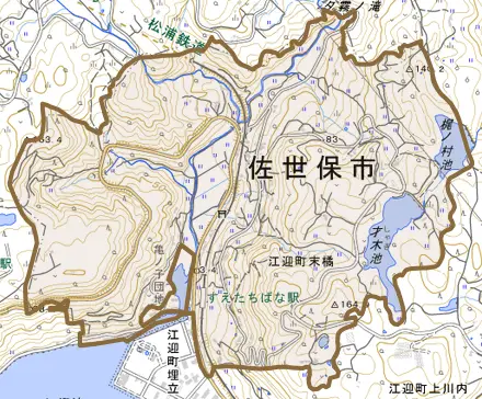 江迎町末橘とその周辺の地図。町の範囲を重ねている