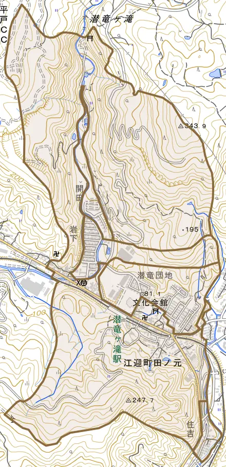 江迎町田ノ元とその周辺の地図。町の範囲を重ねている