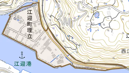 江迎町埋立とその周辺の地図。町の範囲を重ねている
