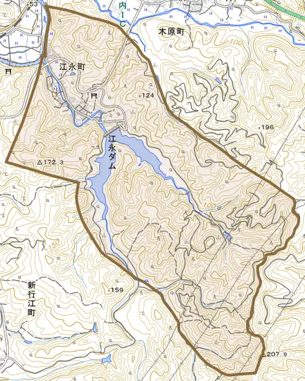 江永町とその周辺の地図。町の範囲を重ねている