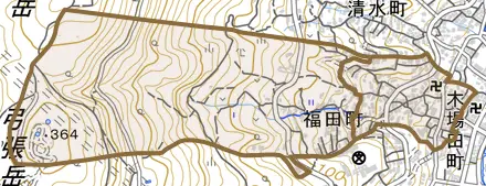 福田町とその周辺の地図。町の範囲を重ねている