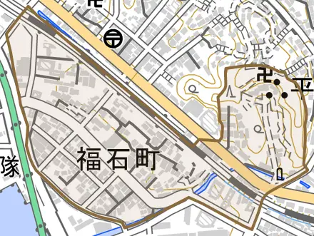 福石町とその周辺の地図。町の範囲を重ねている