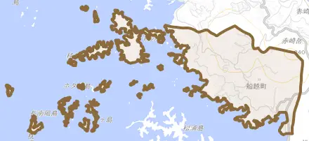 船越町とその周辺の地図。町の範囲を重ねている