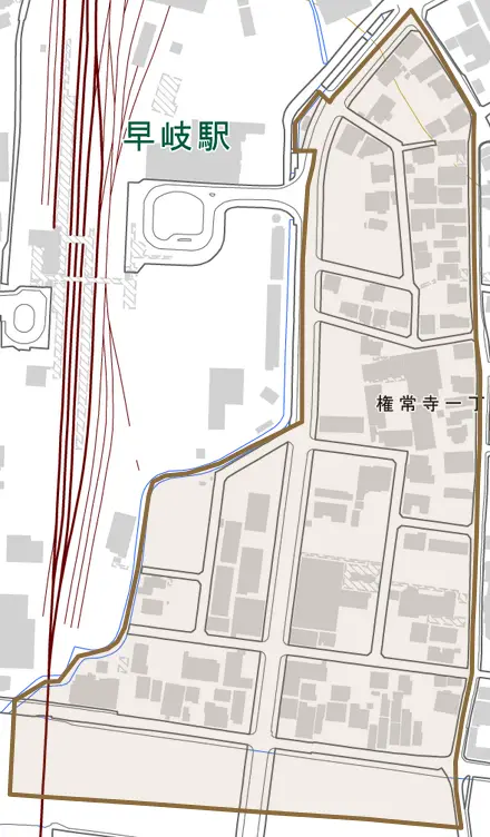 権常寺とその周辺の地図。町の範囲を重ねている