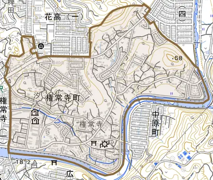 権常寺町とその周辺の地図。町の範囲を重ねている