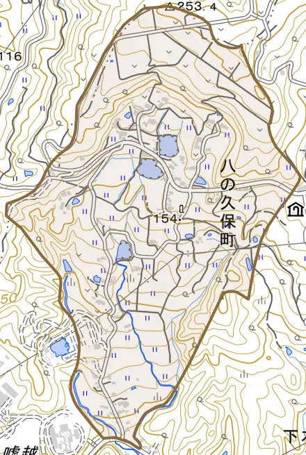 八の久保町とその周辺の地図。町の範囲を重ねている