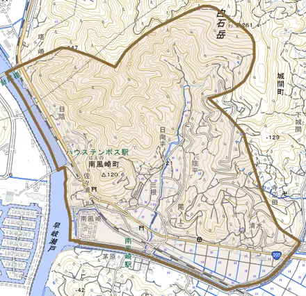 南風崎町とその周辺の地図。町の範囲を重ねている