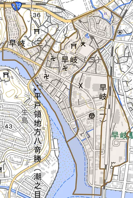 早岐とその周辺の地図。町の範囲を重ねている