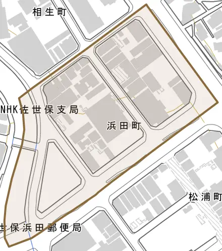 浜田町とその周辺の地図。町の範囲を重ねている