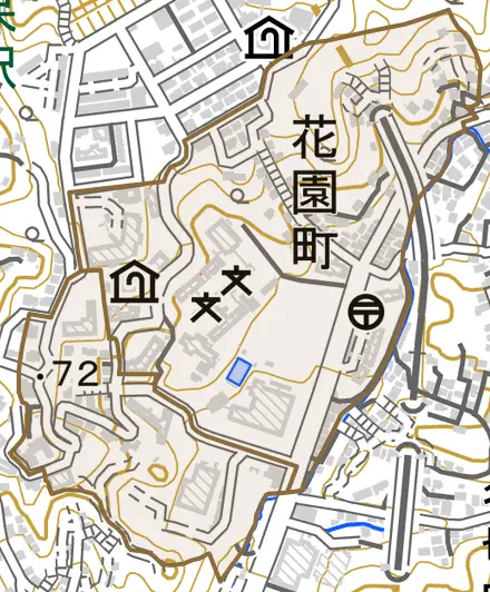 花園町とその周辺の地図。町の範囲を重ねている