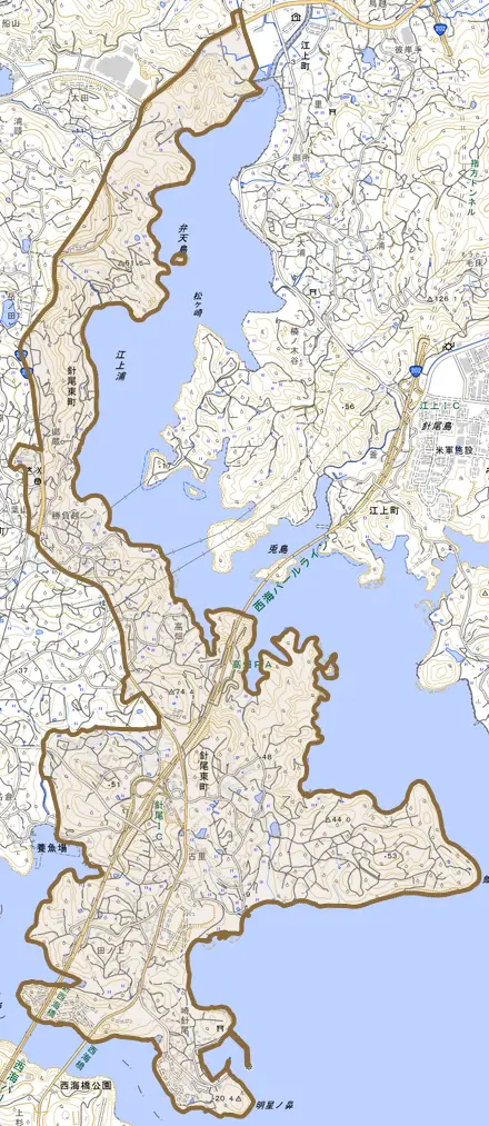 針尾東町とその周辺の地図。町の範囲を重ねている