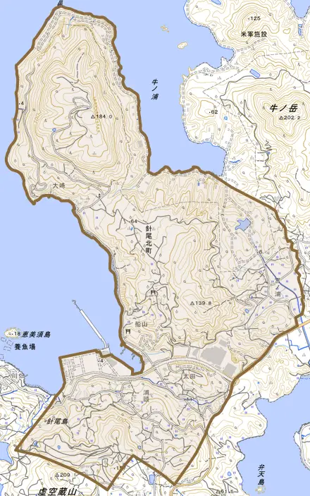 針尾北町とその周辺の地図。町の範囲を重ねている