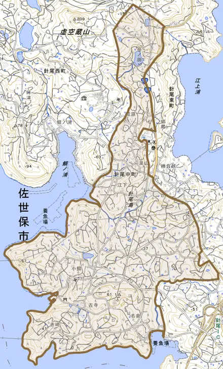 針尾中町とその周辺の地図。町の範囲を重ねている