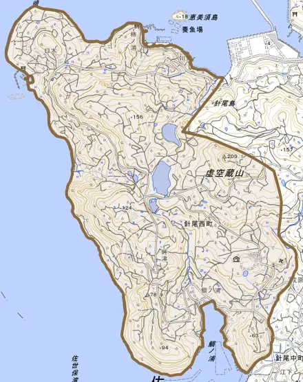 針尾西町とその周辺の地図。町の範囲を重ねている