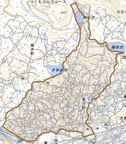 原分町とその周辺の地図。町の範囲を重ねている
