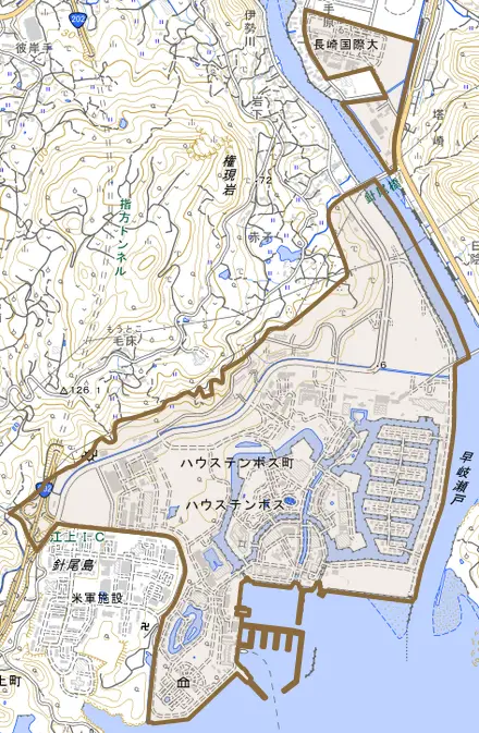 ハウステンボス町とその周辺の地図。町の範囲を重ねている