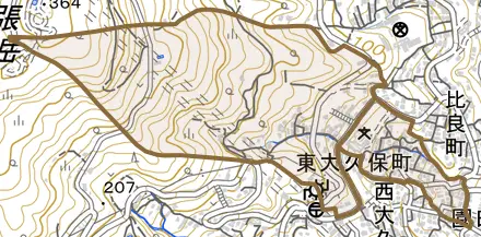東大久保町とその周辺の地図。町の範囲を重ねている
