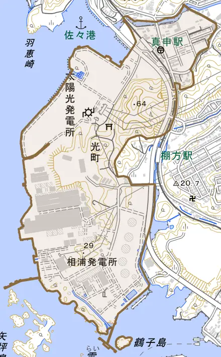 光町とその周辺の地図。町の範囲を重ねている
