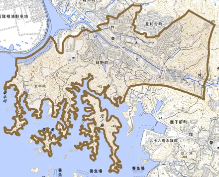 日野町とその周辺の地図。町の範囲を重ねている