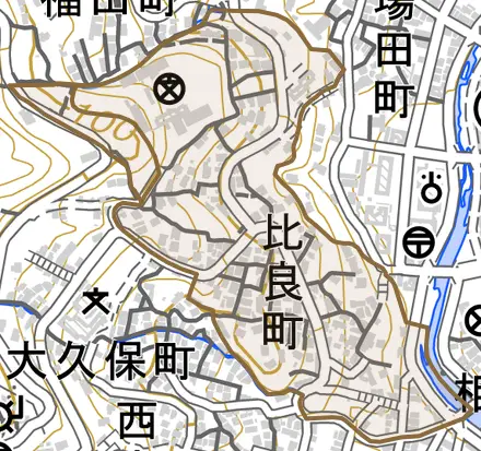 比良町とその周辺の地図。町の範囲を重ねている