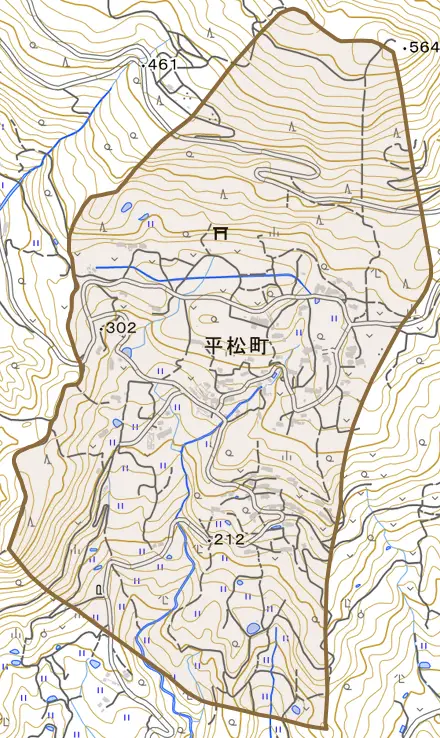平松町とその周辺の地図。町の範囲を重ねている