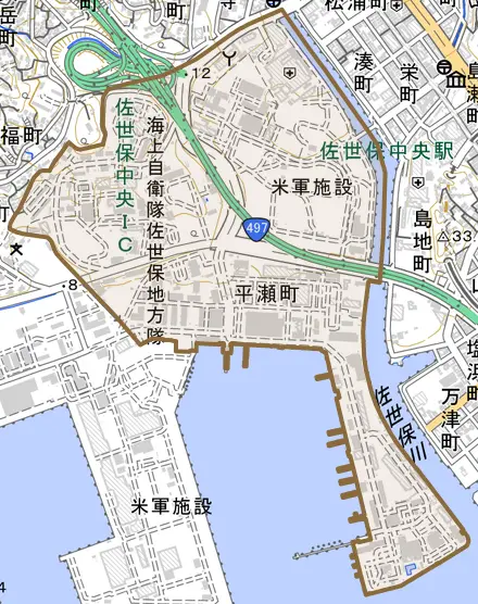 平瀬町とその周辺の地図。町の範囲を重ねている