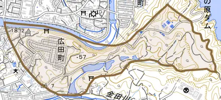 広田町とその周辺の地図。町の範囲を重ねている