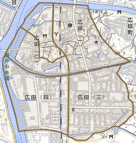 広田とその周辺の地図。町の範囲を重ねている
