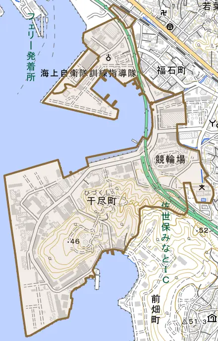 干尽町とその周辺の地図。町の範囲を重ねている