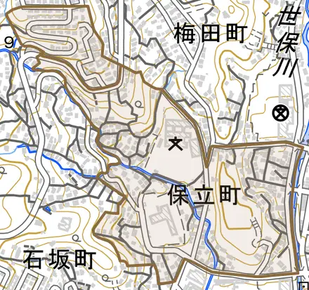 保立町とその周辺の地図。町の範囲を重ねている