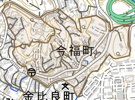 今福町とその周辺の地図。町の範囲を重ねている