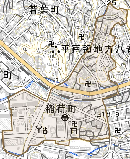 稲荷町とその周辺の地図。町の範囲を重ねている